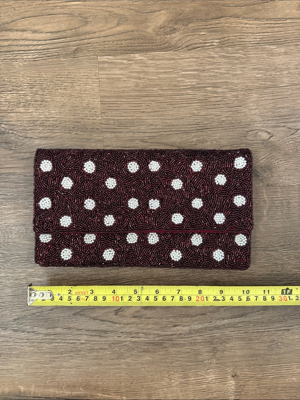 Maroon Beaded Polka Dot Burgundy Foldover Clutch with Silvertone strap